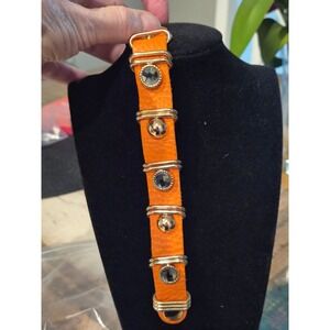 Orange Leather Studded Bracelet Gold Tone Dark Crystal Accents Snap Cuff Jewelry